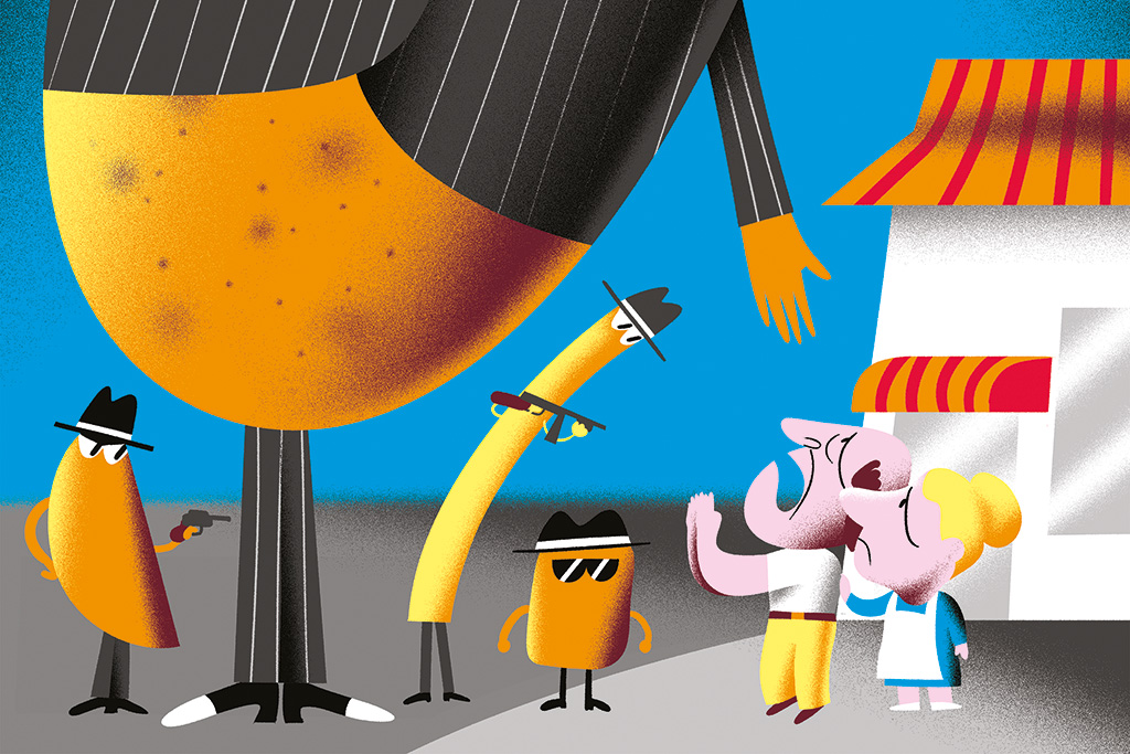 Illustration of a group of four frozen potato products dressed in mob clothes extorting money from the owners of a small restaurant.